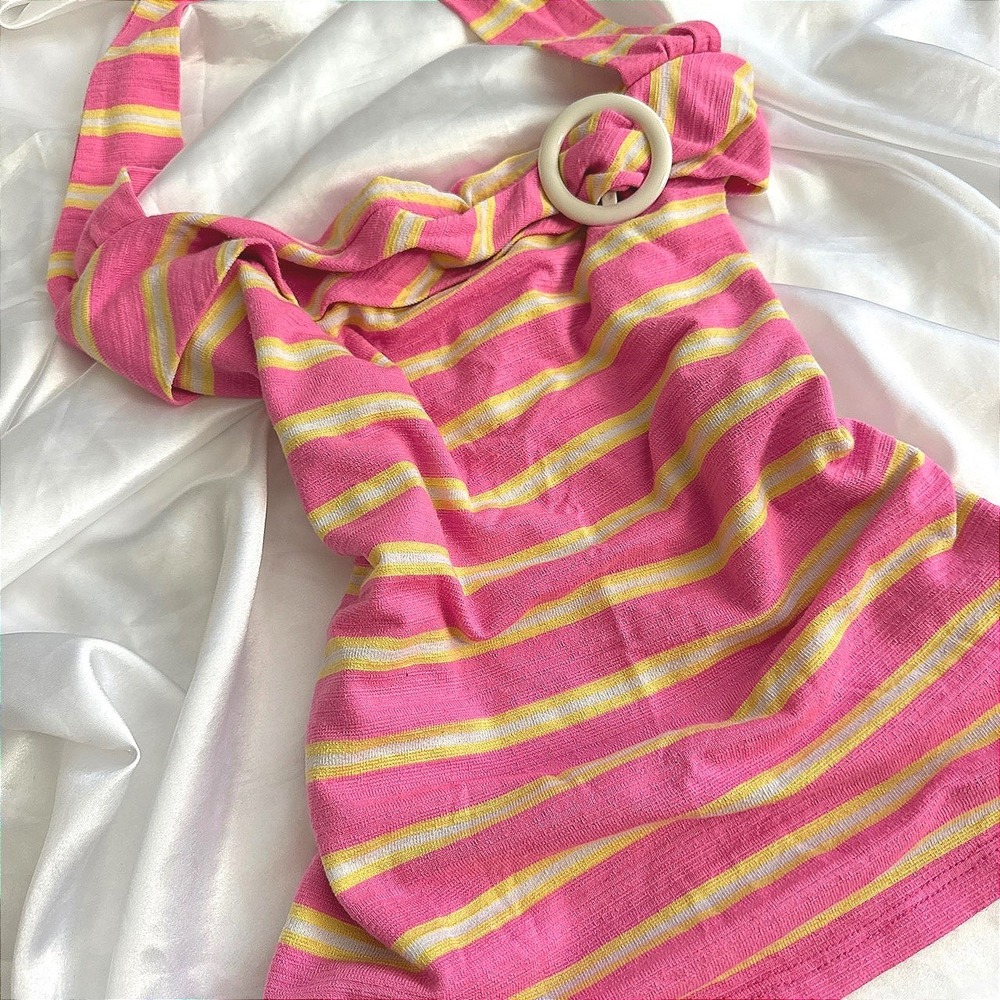TOTO Women Pink Yellow Striped Halter Neck O-Ring Draped Knit Top Y2K Summer